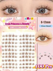 100 Stücke 8-12mm gemischte Länge braune Büschel Wimpern mit transparentem Band, individuelle Büschel Wimpern mit segmentierten Spitzen, individuelles transparentes Band, Clean Girl Look, Falsche Wimpern, individuelle Wimpernverlängerungen - Braun - Übersicht 10