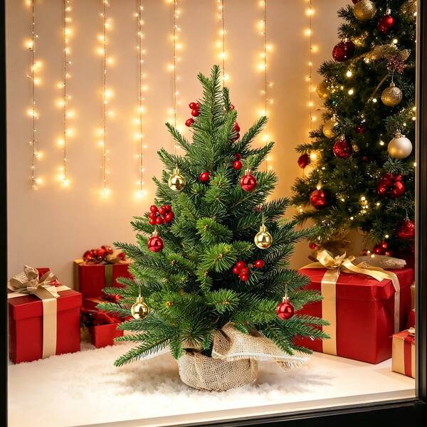 Yuejia 1pc Árvore de Natal Miniatura Simulada, Árvore de Pinheiro Artificial, Decoração de Mesa de Natal Pequena para Interior, Árvore de Natal com Bagas Vermelhas, Árvore Artificial para Presente, Decoração de Natal