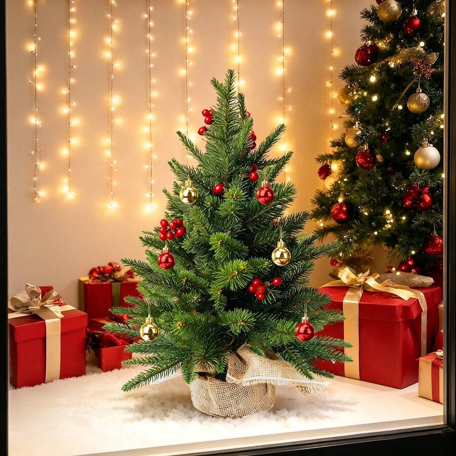 Yuejia 1 buah Pohon Natal Mini Tiruan, Pohon Pinus Buatan, Dekorasi Meja Natal Kecil untuk Interior, Pohon Natal dengan Buah Beri Merah, Hadiah Pohon Buatan, Dekorasi Natal