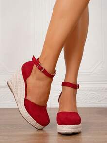 Sandal đế xuồng mùa hè nữ, giày đế xuồng đen, sandal đế xuồng giả da, giày cao gót đế xuồng 3.54 inch xỏ chân mũi vuông có quai cổ chân, giày đi biển đan rơm thoải mái, giày đục lỗ, size 34-43 size lớn & size thường - Đỏ - Xem 9