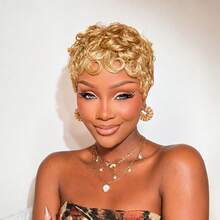 1B Black, 4# Brown, 99J Burgundy, 27# Gold Curly Short Pixie Cut Wig, Suitable For Gift To Loved Ones And Daily Wear, Made Of Brazilian Human Hair, Glue-Free Full Machine Woven Layered Wig - Multicolor - View 10