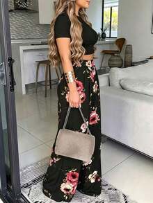 Conjunto de Top corto con estampado floral y pantalones largos con estampado de plantas para mujeres, para primavera/verano - Multicolor - Ver 3