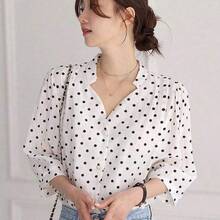 Women's fashion  Blusa casual elegante con cuello en V y estampado de lunares para mujer, top de manga larga con volantes - Blanco - Ver 8