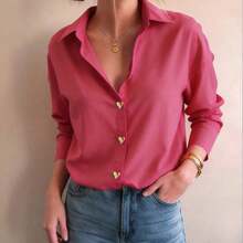 Camisa básica elegante y casual con botones de metal en forma de corazón a rayas de color rosa pálido, ropa de exterior casual de otoño/invierno, ropa casual de negocios para mujer en primavera - Azul marino - Ver 4