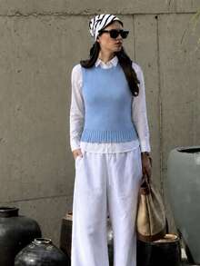Women's Tank Top Vest, Water Bottle Style, Modal Knit, Winter/Summer Fitted Layering, Basic - Baby Blue - View 2