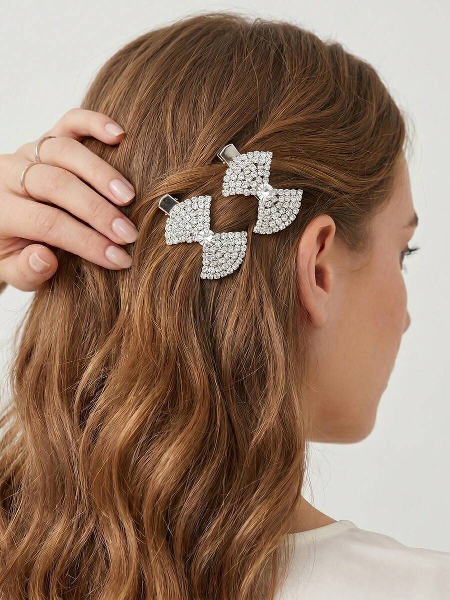 2pcs Sparkling Rhinestone Bowknot Hair Clips, Elegant Side Bangs Duckbill Clips, Princess Style Party Hair Accessories For Women