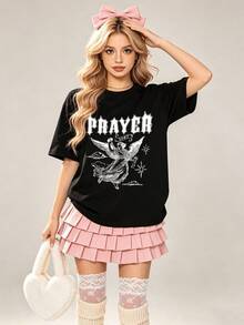 Women's Summer Casual Soft Round Neck Short Sleeve T-Shirt, Vintage Prayer Angel 1987 Print Graphic For Spring And Summer Wear.White - Black - View 1
