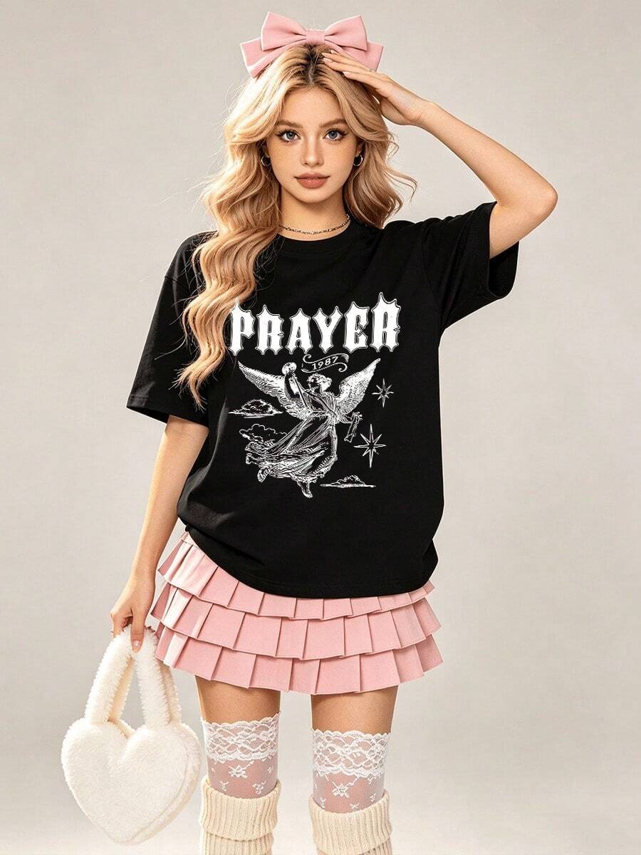Women's Summer Casual Soft Round Neck Short Sleeve T-Shirt, Vintage Prayer Angel 1987 Print Graphic For Spring And Summer Wear.White - Black - View 1