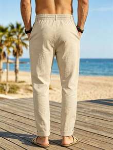Men's Loose Linen Casual Pleated Straight Leg Pants, Breathable American Style For Spring & Summer - Khaki - View 3