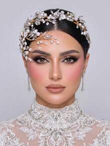 1pc Luxury Rhinestone Resin Flower Decorated Headband Bridal Headband Women Hair Accessory Party Celebration Vacation Outfit - Gold - View 2
