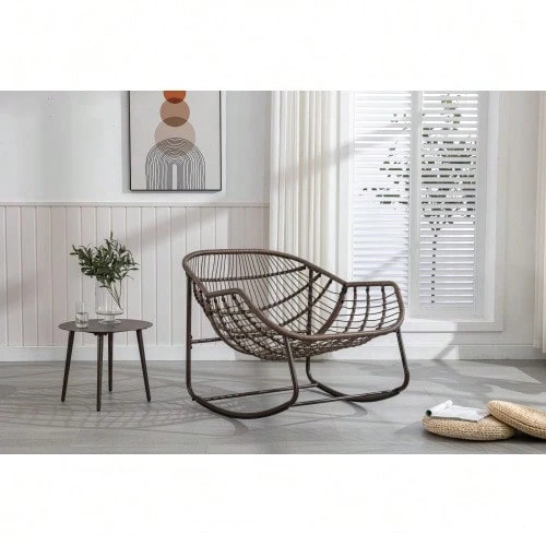 Silla mecedora de ratán para exteriores, sillón reclinable mecedor acolchado para porche delantero. - Gris - Ver 1