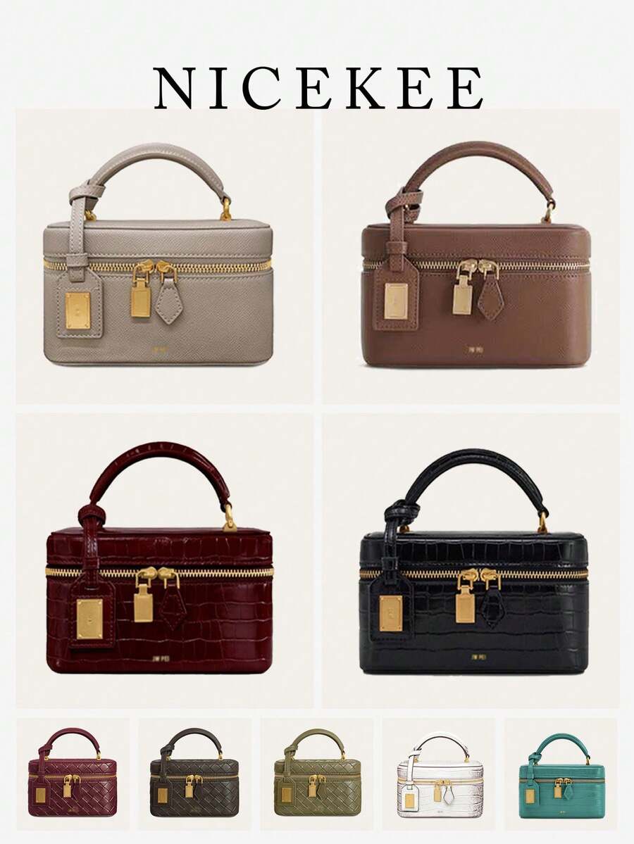 Premium Texture Classic Atmospheric Simple Solid Color Handbag, Niche Design Elegant Temperament Exquisite Popular Shoulder Bag, Daily Fashionable Multifunctional Versatile Women's Crossbody Bag, Crocodile Pattern Box Bag, Suitable For Dating, Dining, Shopping Matching And Other Occasions - Black - View 1