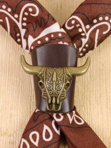 1PC Western Cowboy Bull Skull Bandana Slide, Vintage Bronze Scarf Ring With Leather Wrapper, Retro Western Style Neckerchief Slide For Men & Women(Not Include The Scarf) Halloween - A - View 2