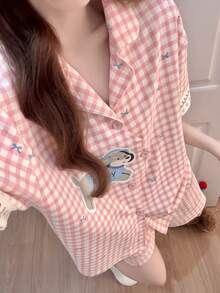 2pcs/Set Women's Pajama Loungewear Set, Cute Puppy Print Short Sleeve & Shorts, Casual Comfortable Fashion, Suitable For Spring And Summer - Pink - View 4
