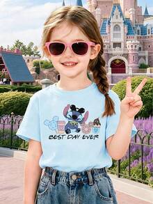 Girls' Summer Disney *Lilo & Stitch* T-Shirt-Featuring A Print Of Stitch Holding Mickey-Shaped Snacks, Along With The Slogan "Best Day Ever." This Light Blue, Pure Cotton, Short-Sleeve Casual Tee Is Perfect For Fans' Everyday Wear And Makes An Ideal Choice For A Visit To Disneyland Or Any Theme Park. - Màu xanh nhạt - Xem 1