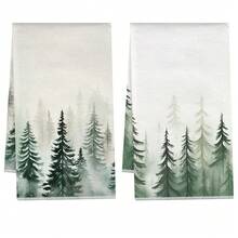 2pcs Watercolor Pine Forest Printed Kitchen Towels, 100% Polyester Kitchen Cleaning Cloths, Suitable For Restaurant, Kitchen And Home Decor; Quick-Drying, Lightweight, Fade-Resistant, Low-Shedding, Anti-Mildew, High Color Fastness, Size 40*60cm - Multicolor - View 1