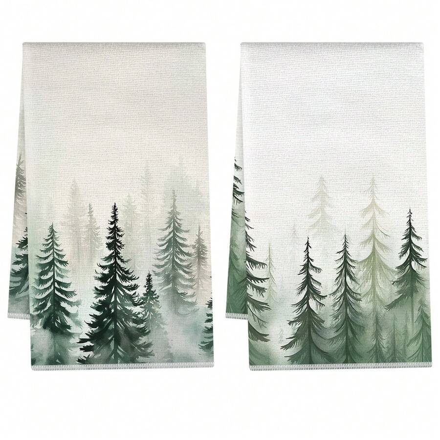 2pcs Watercolor Pine Forest Printed Kitchen Towels, 100% Polyester Kitchen Cleaning Cloths, Suitable For Restaurant, Kitchen And Home Decor; Quick-Drying, Lightweight, Fade-Resistant, Low-Shedding, Anti-Mildew, High Color Fastness, Size 40*60cm - Multicolor - View 1
