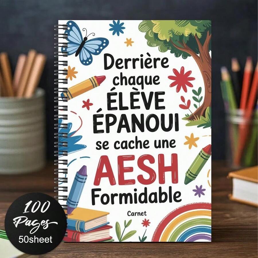 1pc Colorful French AESH Appreciation Spiral Notebook - 100 Pages, Suitable As Thank You Gift For Teachers, Graduation, Birthday Or Farewells, Daily Planner, With Colorful Butterfly And Rainbow Design, Teacher's Day Gift | Vibrant Cover Design | Paper Material, Gift For Teachers - G - View 1