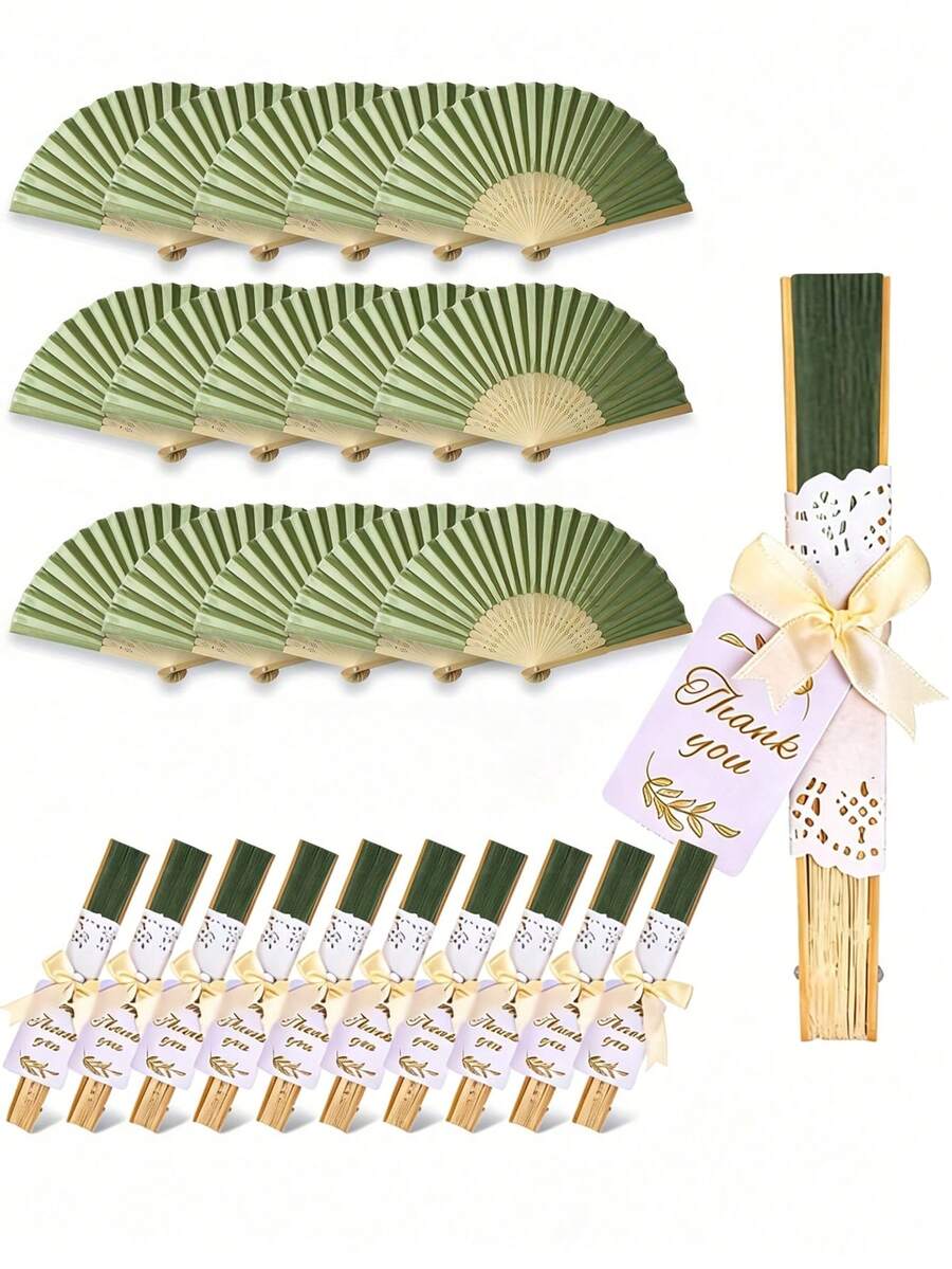 40pcs/Set Handheld Wedding Fans, No Assembly Required, Includes White Paper Fans, Bow Ribbons, Thank You Tags, Paper Trims, Suitable For Bridal Shower, Wedding Favors, Bulk Guest Gifts - Multicolor - View 1