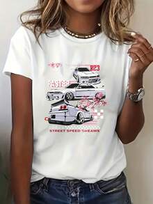 Tokyo Racing Cars Street Speed Digital Print Short Sleeve Unisex Pure Cotton Loose And Comfortable - White - View 1