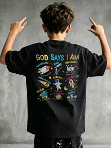 Áo thun đen dáng rộng in hình phi hành gia và tên lửa dễ thương "God Said I Am" dành cho bé trai, phong cách đường phố thường ngày. - màu đen - Xem 1