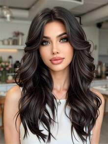 26 Inch Deep Brown Long Wavy Wig With Bangs | Natural Layered Synthetic Fiber Wig | For Daily Wear And Party Styling - Chocolate Brown - View 1