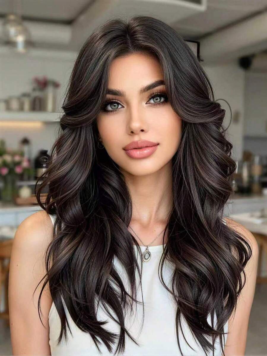 26 Inch Deep Brown Long Wavy Wig With Bangs | Natural Layered Synthetic Fiber Wig | For Daily Wear And Party Styling - Chocolate Brown - View 1