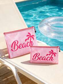 多色防水時尚網格布海灘包，印有彩色「Beach」字樣的化妝包，海灘主題。大容量透明化妝包，附尼龍拉鍊的盥洗包 - 輕巧，可存放防曬霜、零食、比基尼和海灘必需品。春夏季收納 - 彩色 - 查看 9