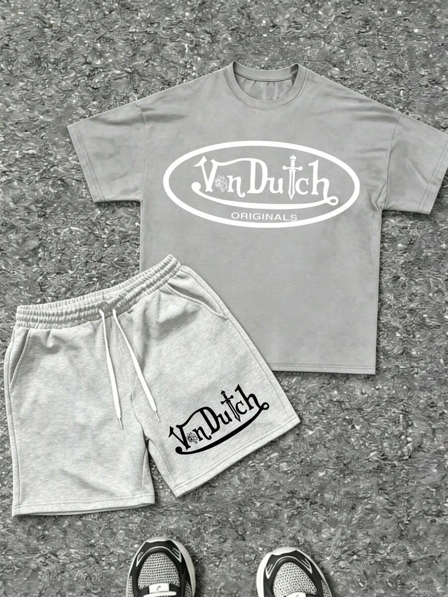 Mens Creative T Shirt And Shorts Set American Vintage Full Print Street Wear Essential T Shirt Set Men Graphic T Shirt And Shorts Set With Vonn Dutch Originals Logo Print - Xám - Xem 1