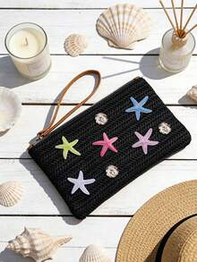 Embrague con forma de estrella tejido, bolso de muñeca de paja con estilo bohemio y decoración de estrella colorida, bolso de mano tejido para playa, viajes y vacaciones, adecuado para salidas casuales y fiestas en la playa, adecuado para mujeres y adolescentes, excelente para regalos de primavera, Pascua y verano, se puede usar como embrague de playa, muñequera y bolso de vacaciones, regalo del Día de la Madre - Multicolor - Ver 16