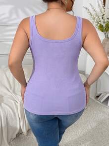 Plus Size Built In Bra Cami Women Ribbed Tank Top Scoop Neck Everyday Base Layer Solid Color Seamless Innerwear - Lilac Purple - View 4