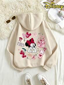 Disney Valentine's Minnie Mouse Castle & Hearts Hoodie, Women's Casual Long Sleeve Hooded Sweatshirt - Màu be - Xem 4
