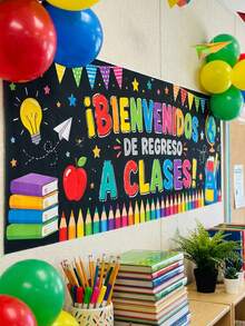 Welcome Back To School/Campus Polyester Banner, Colorful Classroom Wall Decor, Back To School Party Photo Backdrop; Decorative Wall Accessory Suitable For Classrooms, Residences, Event Venues And Photography Backgrounds. - Spain - View 3