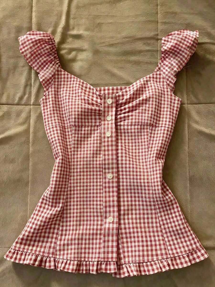 Blusa de mujer con diseño de botones a rayas y volantes en el bajo - Rojo y blanco 2 - Ver 1