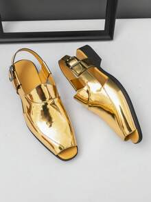 2026 Summer New Men's Peep-Toe Sandals, Slip-On Loafers, Casual Solid Color Comfortable Retro Low-Top Shoes, Suitable For Hosts, Graduation, Weddings - Gold - View 14