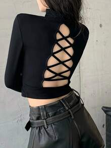 レディース トップス カットソー Tシャツ 長袖 ロンT プルオーバー クロップド丈 ショート丈 バックオープン 背中あき 背中見せ レースアップ 編み上げ バックシャン ハイネック ボトルネック パワーショルダー 肩パッド タイト フィット スリム 細見え 着痩せ スタイルアップ 骨格ウェーブ セクシー クール モード ストリート ギャル Y2K 韓国ファッション ダンス衣装 クラブ イベント フェス デート 女子会 カジュアル 大人可愛い 伸縮性 ストレッチ 春 秋 冬 無地 ブラック 黒 - カーキ - チェックする 3