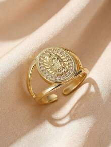 1件優雅銅 + 立方氧化鋯 + 18K金橢圓形聖母瑪利亞可調節戒指,適合作為節日、聖誕節、生日禮物,適用於所有季節和場合 - 金色 - 查看 3