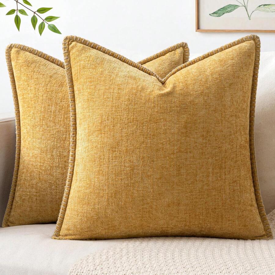 1 chiếc vỏ gối chenille hai mặt mềm mại, thoải mái, thân thiện với da, có đường may viền (không kèm ruột), vỏ gối nhung phong cách farmhouse cho mùa xuân/hè, vỏ gối vuông trang trí cho sofa/giường - Vàng - Xem 1