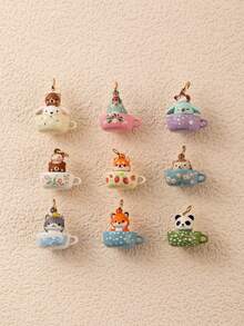 3pcs New Painted Tea Cup Animal Pendant, Cute Cartoon Style, Enamel Drip Glaze Craft, 14K Gold Plated, Copper Material, Designed For Daily Small Parties And Family Gatherings, Charming Daily Jewelry, Jewelry Pendant, Jewelry Making Pendant, High-End Jewelry - Color - View 2