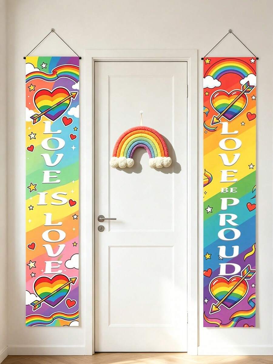 2pcs Rainbow Porch Banner, Heart Pride Month Door Banner, Home & Outdoor Decor. Everyone Is Welcome Here. Love Is Love. - Multicolor-- - View 1
