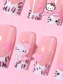 SANRIO 三麗鷗 Hello Kitty 24片中號方形豹紋&白色法式穿戴甲，含 Hello Kitty、星星、蝴蝶結設計，完美貼合壓克力假指甲組，附1瓶果凍膠與1個指甲銼條，適合女孩日常、派對與聚會使用 - 彩色 - 查看 4