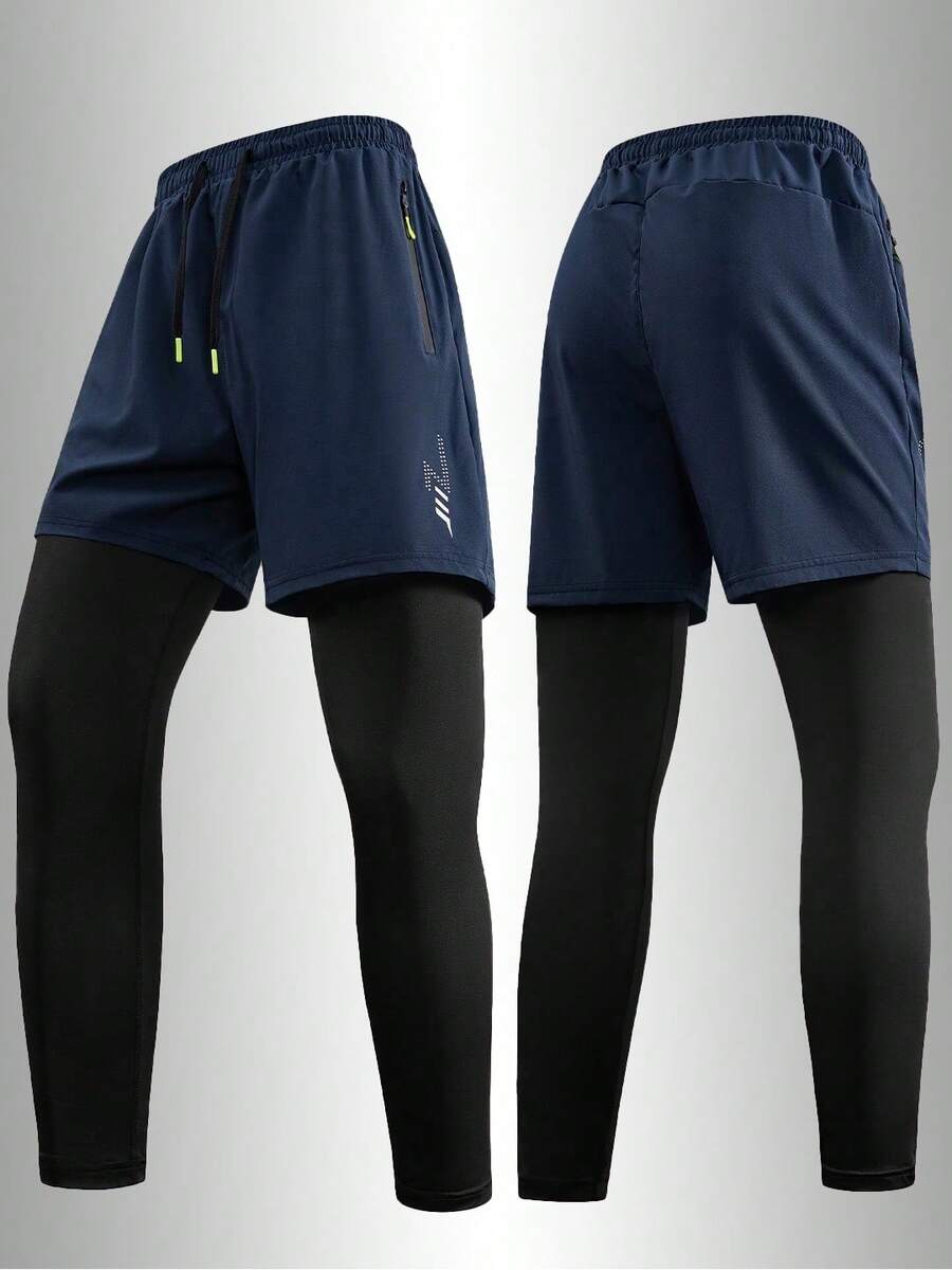 Men's Outdoor 2-In-1 Long Pants,Stretch Compression Tights For Trail Running, Hiking & Outdoor Training Sports - Navy Blue - View 1