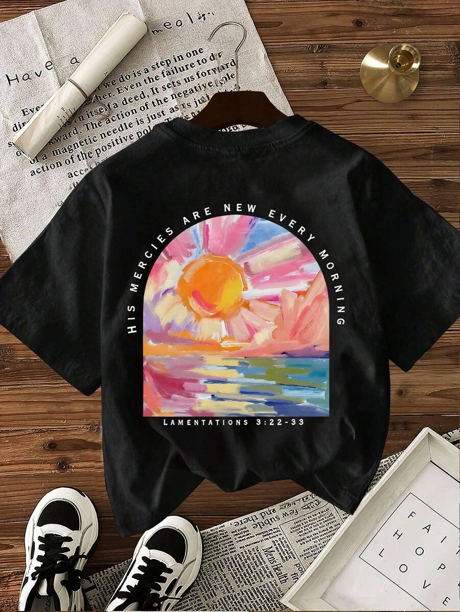 Camiseta casual de mujer de manga corta con cuello redondo, estampado de pintura al óleo con eslogan de verano - Negro - Ver 1