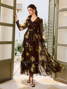 Elegant Women's V-Neck Long Sleeve Floral Print Ruffle Hem Dress, Suitable For Summer, Vacation, Multiple Occasions, Soft Brown Dress - Brown - View 6