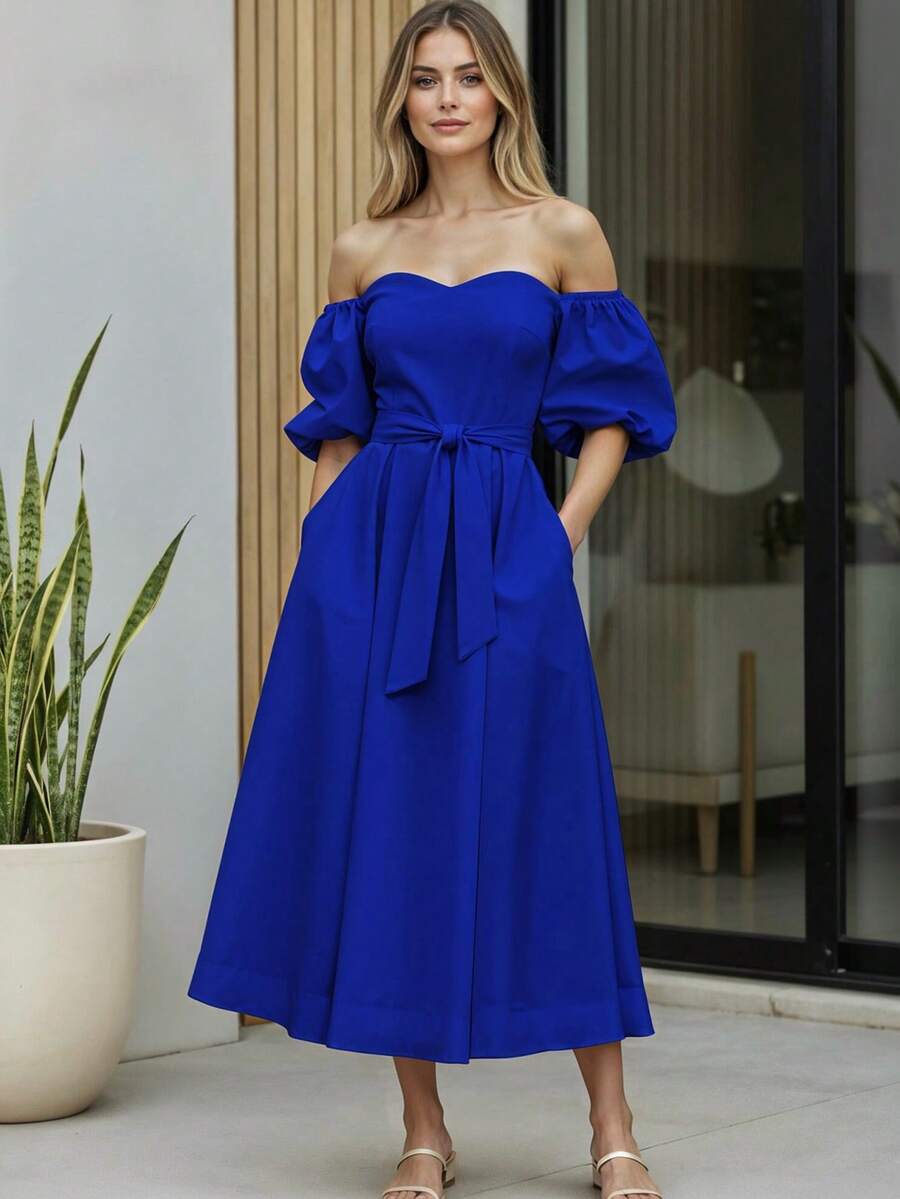 Women's Off Shoulder Long Dress Adjustable Belt Puff Sleeve - 藍色 - 查看 1