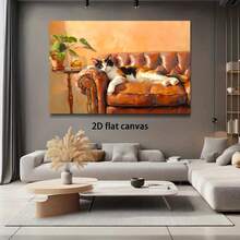 Enmarcado Lienzo impreso 2D plano y acogedor con diseño de gato - Arte de sofá de cuero naranja cálido y marrón, decoración de pared 2D plana  para dormitorio, sala de estar, residencia estudiantil - Regalo ideal para el hogar y la oficina, decoración de gatos, perfecto para la decoración de habitaciones - Enmarcado - Ver 1