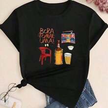 NEW Printed T-Shirt For Men And Women "Let's Have A Drink" 100% Cotton - Unisex Urban Vintage Style, Short Sleeve Crew Neck T-Shirt - 黑色 - 查看 1