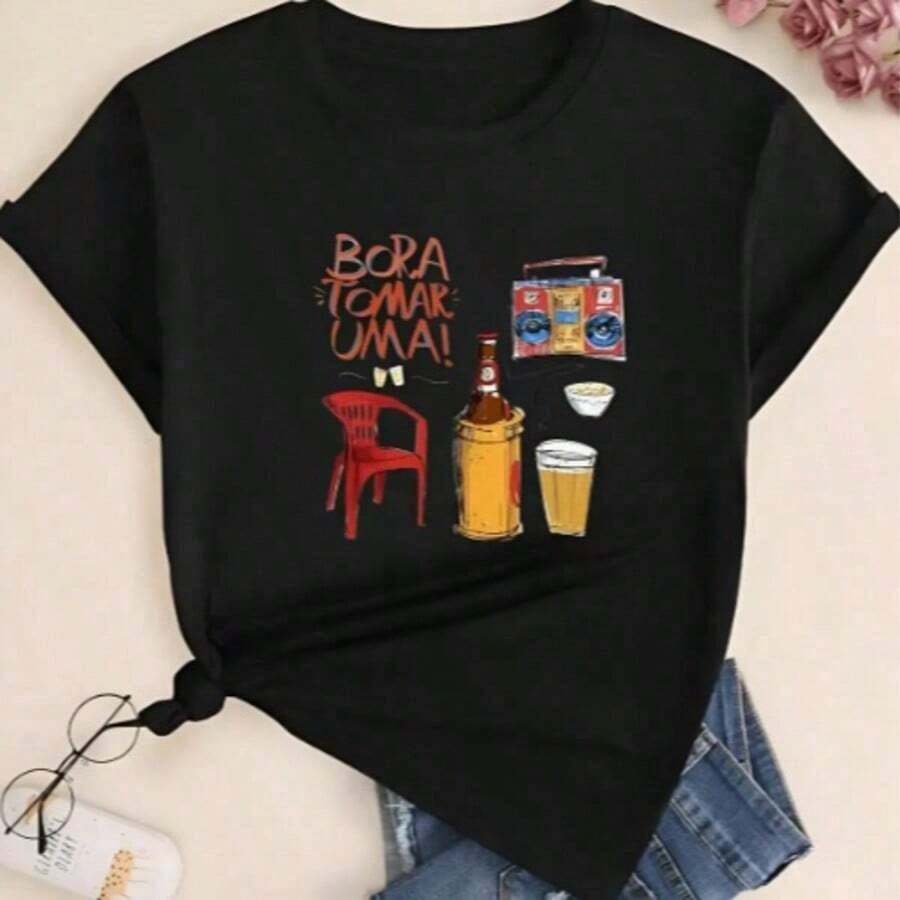 NEW Printed T-Shirt For Men And Women "Let's Have A Drink" 100% Cotton - Unisex Urban Vintage Style, Short Sleeve Crew Neck T-Shirt - 黑色 - 查看 1