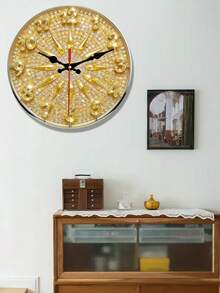 1pc 2D Flat Gold Sparkling Diamond Theme Wooden Wall Clock, Silent Decorative Clock, Creative Wall Clock Suitable For Bedroom, Living Room And Office Decor, Batteries Not Included, 2D Flat - Multicolor - View 2