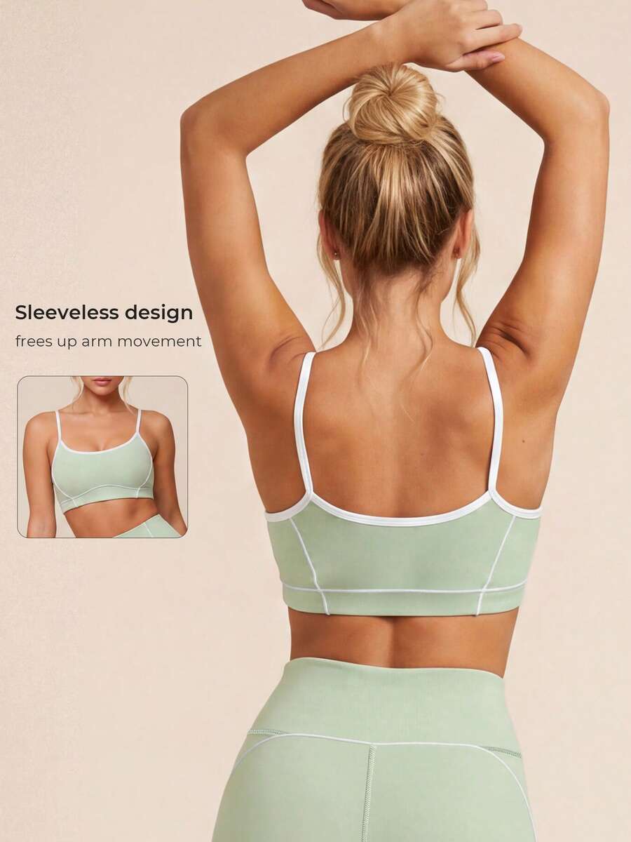 Women Mint Green Color Block High Support Fitness Training Yoga Bra Push Up Backless Athletic Workout Running Sports Bra - Mint Green - View 1